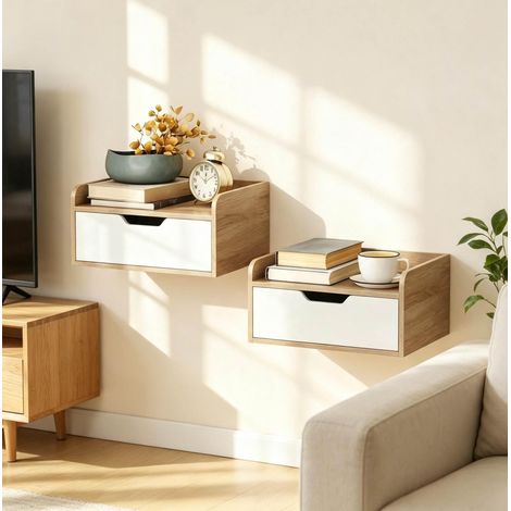 Set di 2 comodini da parete con cassetto, piano con bordi rialzati, legno e bianco HAVRYA (1/5)