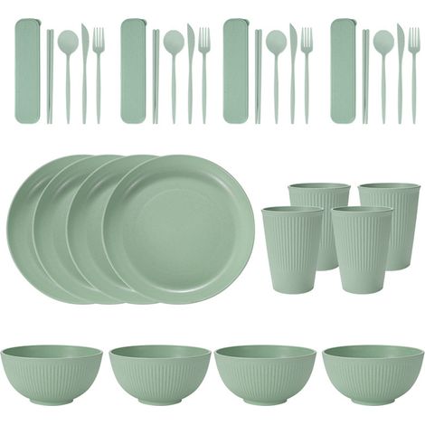 Service de table portable en paille de blé (bols, assiettes et tasses), couteau, fourchette, cuillère et baguettes portugaises. Ensemble de 36 pièces. (1/5)