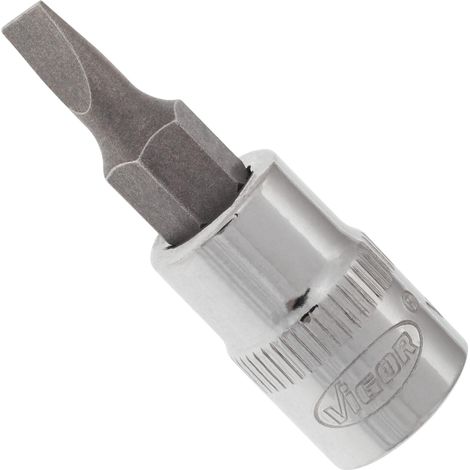 VIGOR Innenvierkant Antrieb 6,3 = 1/4 Zoll Schraubendreher-Einsatz Schlitz-Profil V2427N ∙ Vierkant hohl 6,3 mm (1/4 Zoll) ∙ Schlitz Profil ∙ 0,8 x 4 ∙ Gesamtlänge: 38 mm (1/3)