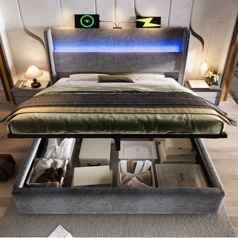Cama con canapé 140x200 cm con cabecero alto, LED, USB/Type-C y almacenaje, gris HAVRYA (1/5)