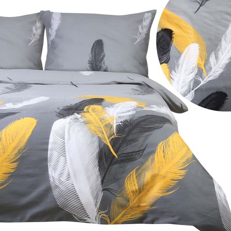 Baumwollbettwäsche 180x200 Satin BAUMWOLLE hellgrau mit weißen und gelben Federn (1/5)
