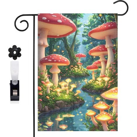 Drapeau de jardin 30 x 45 cm motif champignons féeriques en forêt toile double face pour décoration extérieure (1/5)