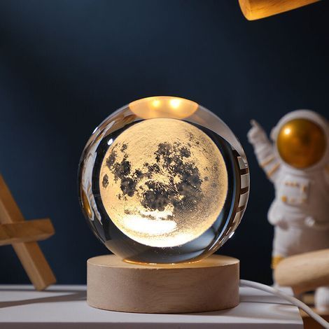 Veilleuse Cristal 3D 60 mm, Système Solaire Planètes, Lampe LED Créative Astronomie Avec Socle en Bois, Cadeau [Classe énergétique A] (1/5)