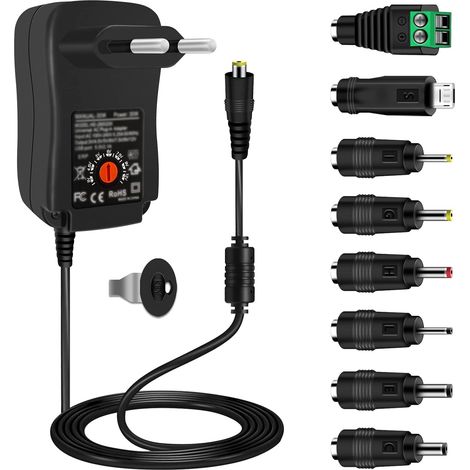 Adaptateur Universel 30W, AC/DC 12V 9V 7.5V 6V 5V 4.5V 3V 1A 2A Multi-Voltage Chargeur, avec 5V 2.1A USB Port et 8 DC Prises pour Bandes LED Routeur TV Box Electronics Ménages, 2000mA Max (1/5)