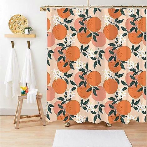 Rideau de douche orange 180x180cm, motif pomme et orange, rideau de douche imperméable à motif floral blanc et orange avec crochets (1/5)