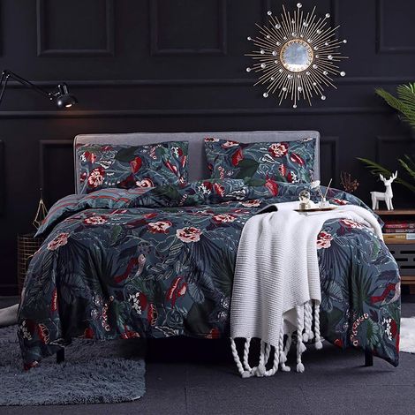 Funda nórdica 200x200 Azul Medianoche - Juego de cama con estampado floral rosa con cremallera - ropa de cama reversible para 2 adultos con 2 fundas de almohada 50x75 cm