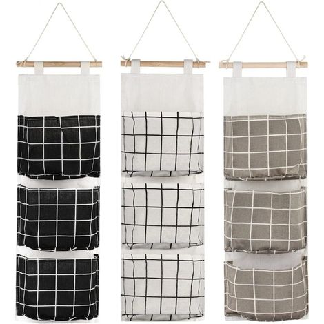 Sac de rangement suspendu 3 poches – Lot de 3 – Tissu imperméable – Accroche murale pour salle de bain, cuisine, chambre – Noir, gris, blanc (1/5)