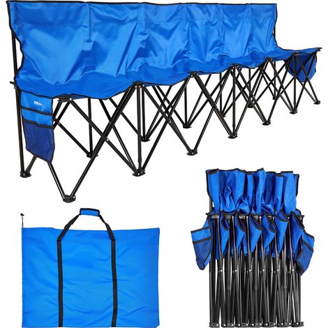 Banc pliant portable à 6 places, banc de camping pliable avec poches de rangement et sac de transport, siège latéral léger avec dossier pour football, baseball et événements en plein air, bleu (1/5)