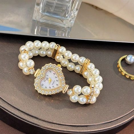 1 montre bracelet en alliage pour femme, boîtier cœur tendance, cadran à chiffres arabes, bracelet élastique en perle, décoration quotidienne, cadeau idéal pour la Saint-Valentin (1/4)