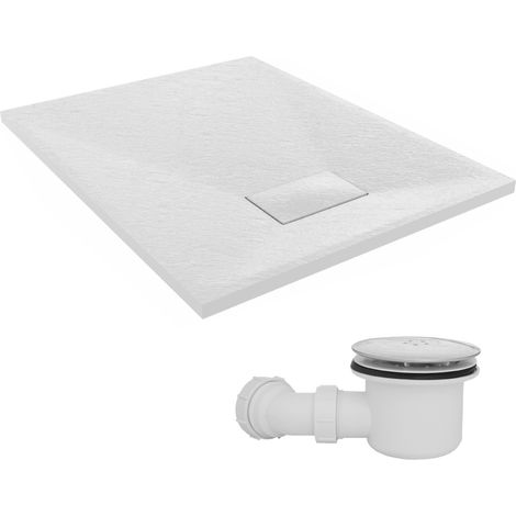 NRG 900 x 700mm SMC White Rectangle Slate Effect Bathroom Shower Tray & Fluidmaster Fast Flow Waste Trap