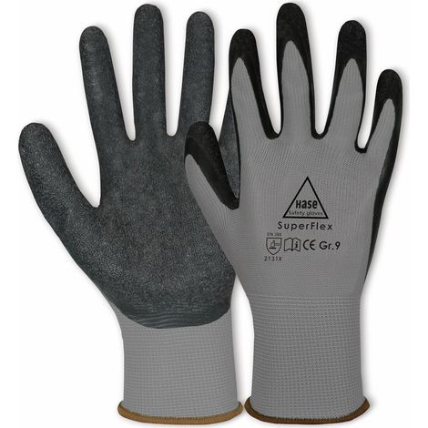 HASE SAFETY GLOVES Gants de travail en latex Superflex, EN 388, EN 420, taille 9, gris/noir