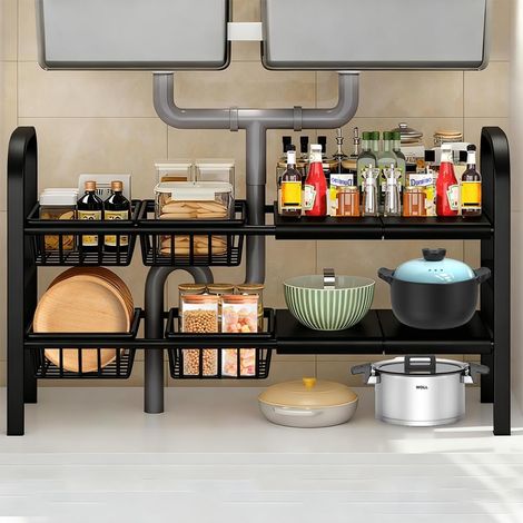 1 Organiseur de cuisine extensible 68-91 cm avec 4 paniers amovibles et 4 étagères réglables acier noir pour placard (1/5)