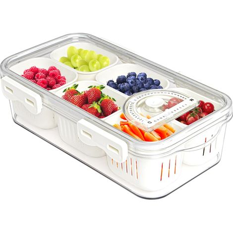 Plat de Service Alimentaire Séparé avec Couvercles Boîte à En-cas Empilable pour Bonbons Noix Épices Conteneur pour Fruits et Légumes avec 6 Séparateurs Petits Bacs de Rangement en Plastique pour Réfr (1/5)