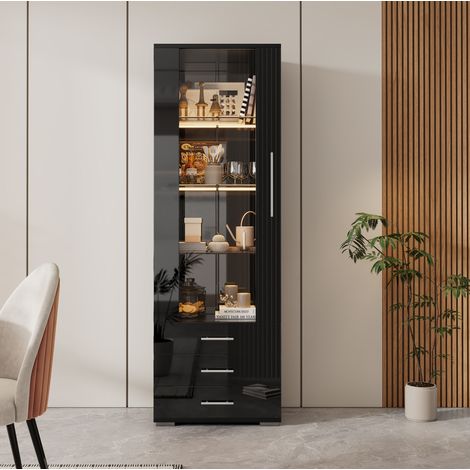 Vetrina MDF nera lucida 60 x 35 x 180 cm, 1 anta in acrilico, 3 cassetti, LED con app (1/5)