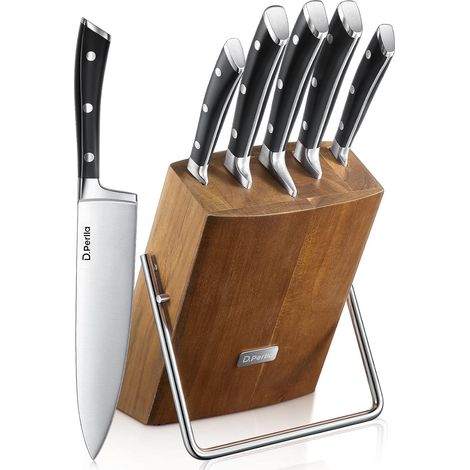 Couteaux de Cuisine, 6 Pièces Set Couteau Cuisine en Allemagne Acier Inoxydable, Ensemble de Couteaux Professionnels, Bloc de Bois, Super Aiguisé (1/5)