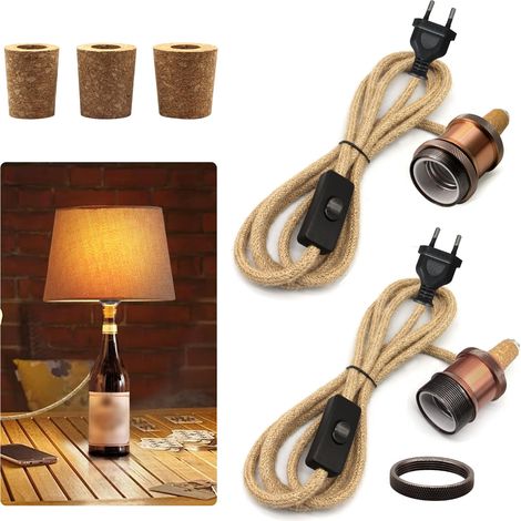 Kit Lampe à Bouteille, Lot de 2 Adaptateur de Bouteille avec 2.4 M Câble en Ficelle et Interrupteur, Douille E27 en Laiton, Support de Lampe en Céramique E26, Pieds de Lampes, 3 Tailles de Bouchons (1/5)