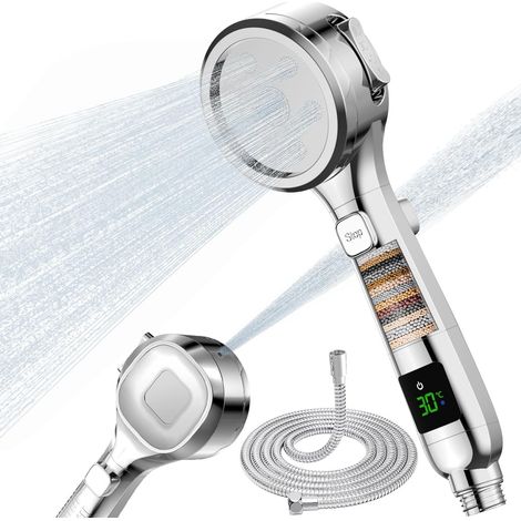 Hard water filter shower head with 4 modes, water temperature display, 15 layers of filtration. High-pressure filtered shower heads with bracket and 1.5m hose.
