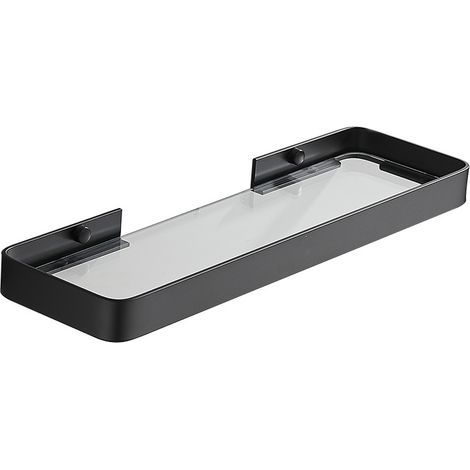 Duschablage ohne Bohren, Wandmontage, Badezimmer-Organizer mit Ablagefach, rostfrei, bruchsicher, gehärtetes Glas, Aluminium, Platz für Küchenutensilien, 30 cm, Schwarz (1/5)