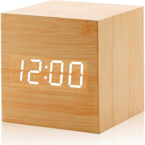 Réveil numérique en bois avec commande vocale, affichage de la température et de la date, 3 alarmes, horloge de table électronique alimentée par USB, réveil de chevet LED (1/5)