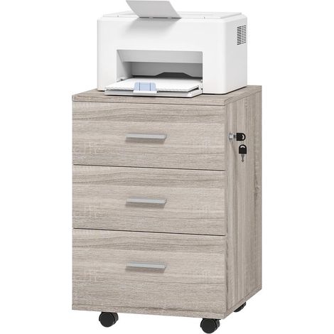 Commode grise 3 tiroirs à roulettes avec serrure, mobile pour bureau ou salon, 40x40x61,5 cm, design sobre pratique