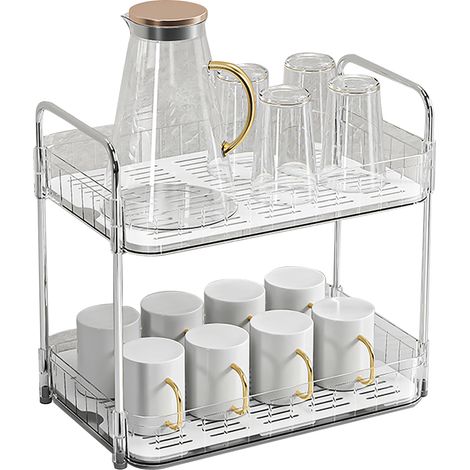 Weißer, doppelstöckiger Becherhalter mit Abtropfschale und Tropfschale, Küchenregal. (1/5)