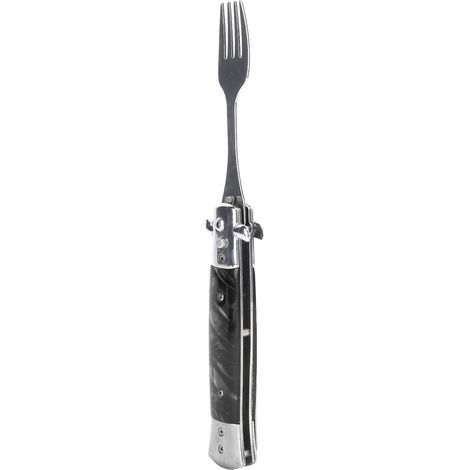 Fourche de camping pliante à ressort, ouverture en un clic, fourchette de poche automatique à ressort en acier inoxydable 304, noire. (1/5)
