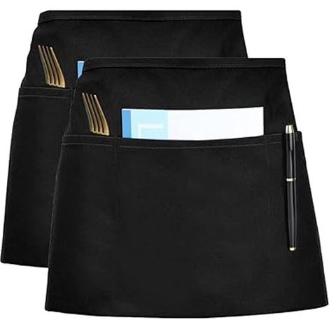 Küchenschürzen, Kellnerschürzen, schwarze Schürzen mit verstellbaren Trägern und 3 Taschen, kurze Schürzen für Damen und Herren, 2er-Set (1/5)