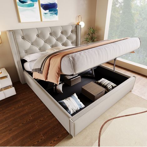 Letto con contenitore in cotone grigio chiaro 160x200 cm, rete a doghe inclusa (1/5)