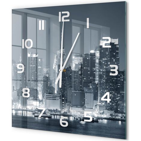 Grande Horloge Murale Carrée Design en Verre Trempé Silencieuse Décoration Intérieure Manhattan, New York 60x60 cm (1/5)