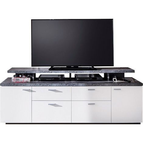 Mood TV Möbel 2 Türen, 2 Schubladen, 4 Offene Fächer, 2 Klappen weiß, Stone dekor.