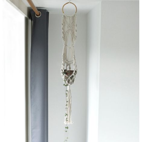 Support de pot en macramé - Long avec cerceau en rotin- Vendu par 1 (1/4)