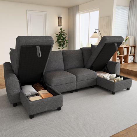Canapé d'angle en U avec deux méridiennes comme,espace de rangement rabattable,canapé 4 places en chenille,canapé modulable multifonction,gris