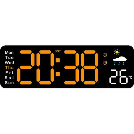 Horloge murale LED avec affichage de la température, alarme et calendrier perpétuel, style minimaliste moderne, affichage 24 h, coque noire et lanterne orange. (1/5)