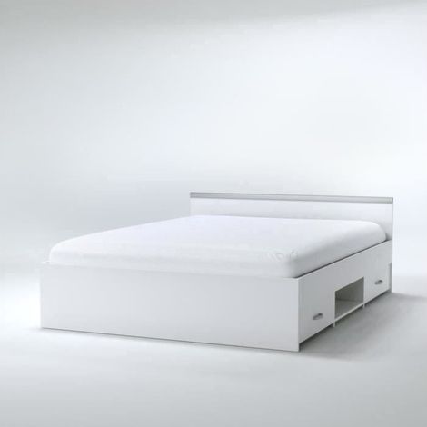 Les Tendances – Lit avec tiroirs 140 x 190 cm – 2 tiroirs coulissants – Niche de rangement – Coloris blanc – Éco-responsable fabriqué en France