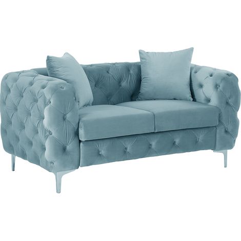 Divano 2 posti Chesterfield in velluto azzurro pastello - EDWINA