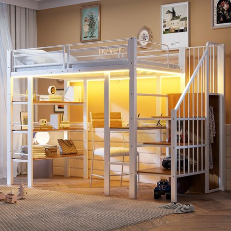 Lit mezzanine enfant 90x200 cm avec bureau, LED, prise USB, étagères, échelle réversible avec rangement, métal, contreplaqué et MDF, blanc (1/5)