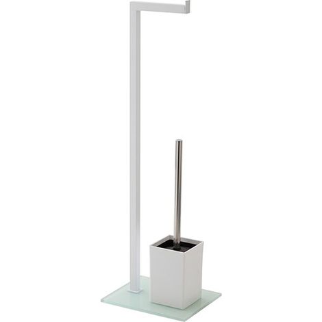 Piantana portascopino con portarotolo base in vetro temperato bianca L18xH70,5xP22 cm Feridras