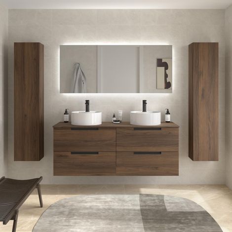 Mueble de Baño LENI 140cm Nogal 4 cajones Lavabo sobre encimera 2 pozas Porcelana (1/5)