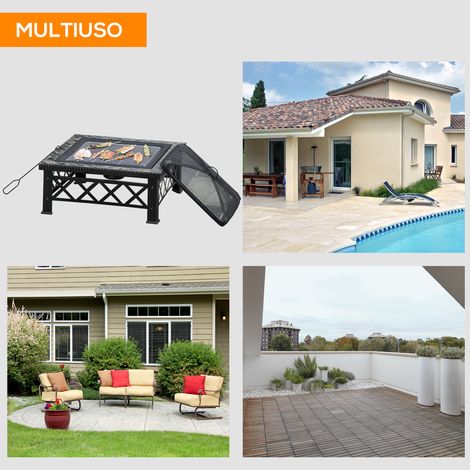 Barbecue extérieur noir en métal 76x76x47cm, grille de cuisson incluse, couvercle anti-étincelles pour jardin (1/5)