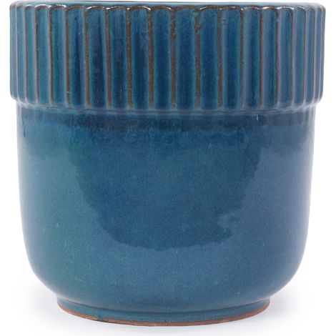 Pot de fleurs en céramique turquoise brillante Ø 38 cm, avec rainures verticales, drainage et usage intérieur extérieur pour grandes plantes CHICFURN (1/5)