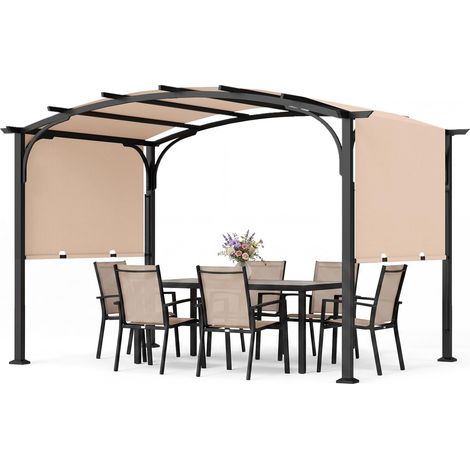 COSTWAY Gazebo da Giardino, Gazebo da Esterno con Tetto Arcuato, Tettuccio Scorrevole, Struttura Metallica e 8 Picchetti per Mercatini, Fiere e Campeggio, 305 x 242 x 233 cm (Beige) (1/5)