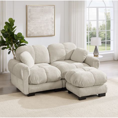Divano angolare 2 posti 190/149/90 cm in ciniglia color kaki chiaro con ottomana mobile (1/5)