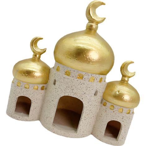Modello di una torre di moschea dorata e bianca, decorazioni di