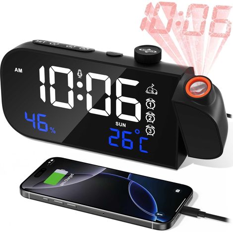 Reveil Projecteur Plafond, Digitale Reveil Matin Horloge Numérique,LED Réveil Numérique, avec Température/Humidité/Snooze/Activation Sonore,Luminosité Volume Réglables,pour Chambre Bureau (1/5)