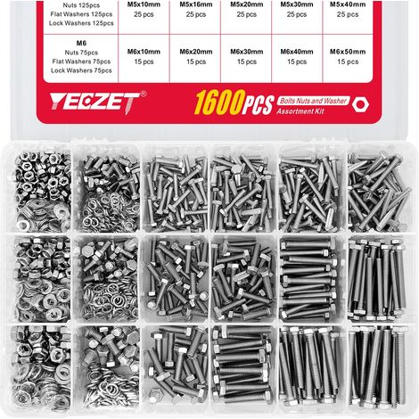 1600pcs M4 M5 M6 304 Inox Boulons et Écrous Rondelles Assortiment Kit,Industrie Machines Visserie Hexagonal (1/5)