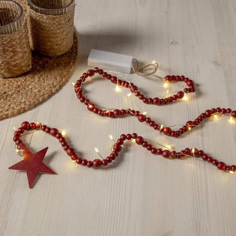 Guirlande lumineuse de Noël Star Trading 'Beady' avec perles en bois et étoile en naturel, piles + minuteur, blanc chaud, rouge, L 150 cm