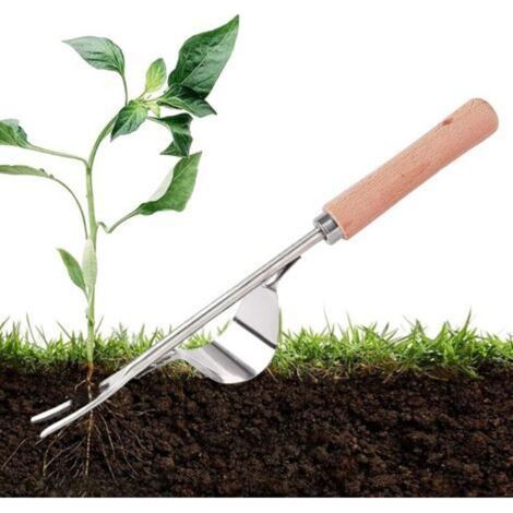 Desherbant Gazon,Desherbant liseron,Désherbeur Manuel en Acier Inoxydable, Outil Gouge de Désherbage en Poignée Bois Outil De Jardinage Pissenlit Y-Shape Manuelle Désherbage Racine Fourche-INHHUB