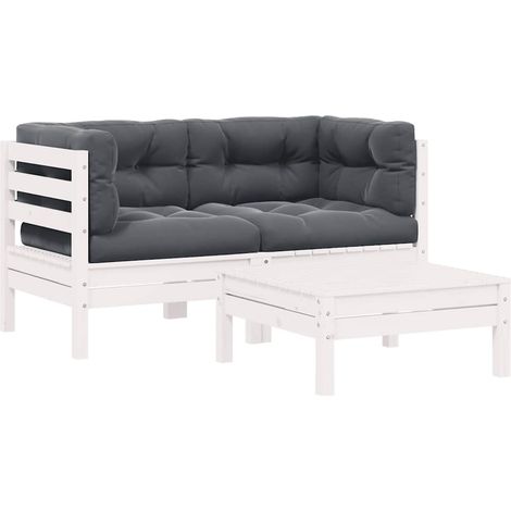 3 pcs Salon de jardin, Ensemble table et chaises de jardin, Meuble de jardin avec coussins Blanc Bois de pin massif MKW251862 (1/5)
