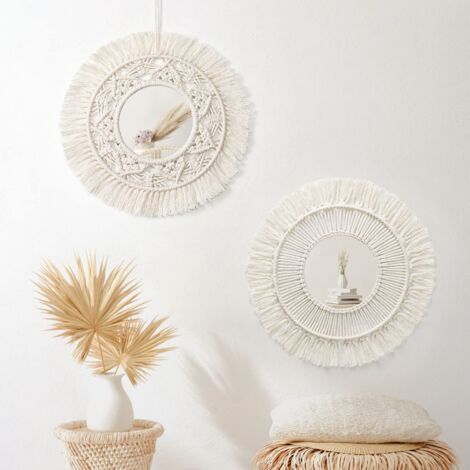 BUNTHAUS Lot de 2 Miroir Mural Macramé Rond Miroir Muraux avec Frange Suspendu Miroir Pendentif Art Ornement Boho Decor pour Appartement Maison Chambre Salon(Beige, 2 Pièces) (1/5)