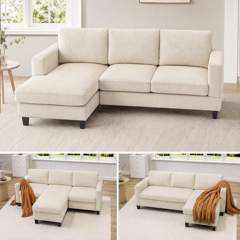 HOMCOM sofá chaise longue, sofá de 3 plazas en forma de L, tapizado en pana, asiento y respaldo acolchados, 214x134x87 cm, beige (1/5)